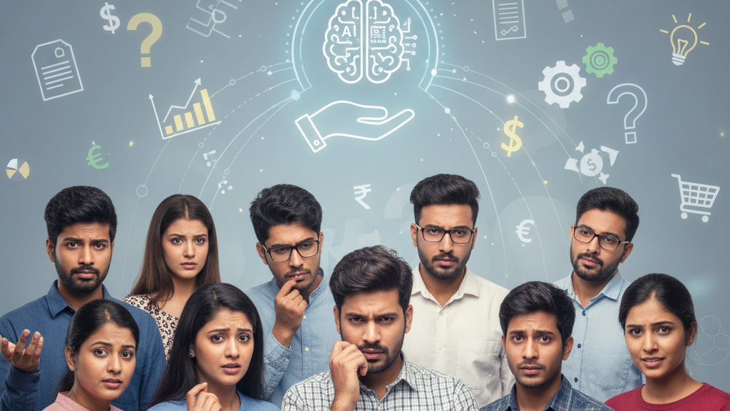 Diverse group of people contemplating AI and financial challenges in India's lending and insurance sector